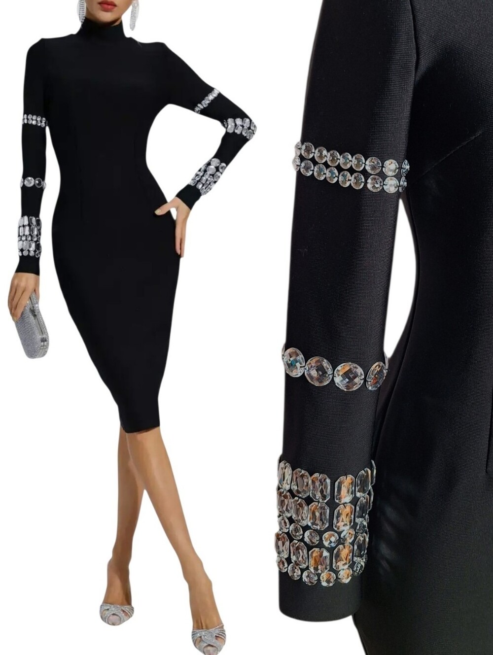 NEW Catchall Miranda Black Diamond Bandage Dress M Mockneck Bodycon Rhinestone